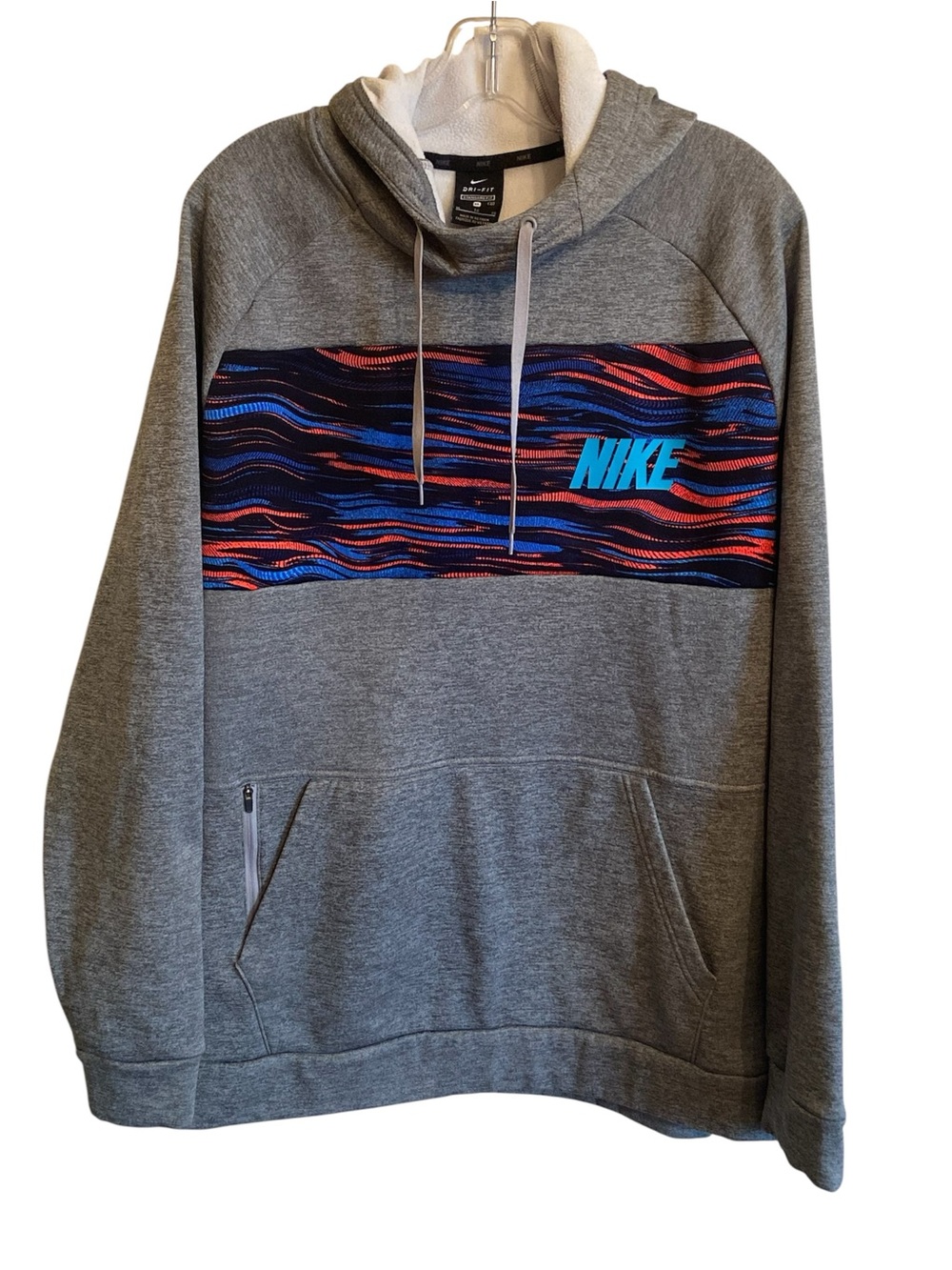 Nike Dri-FIT Graphic Pullover Hoodie Men’s XL Gray Blue Red Athletic Sweatshirt